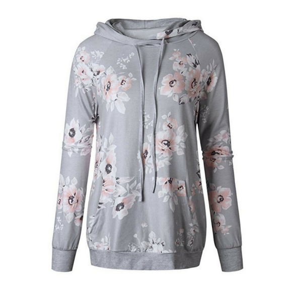 Floral Long Sleeve Pocket Drawstring Sweatshirt - Picture 3 of 5